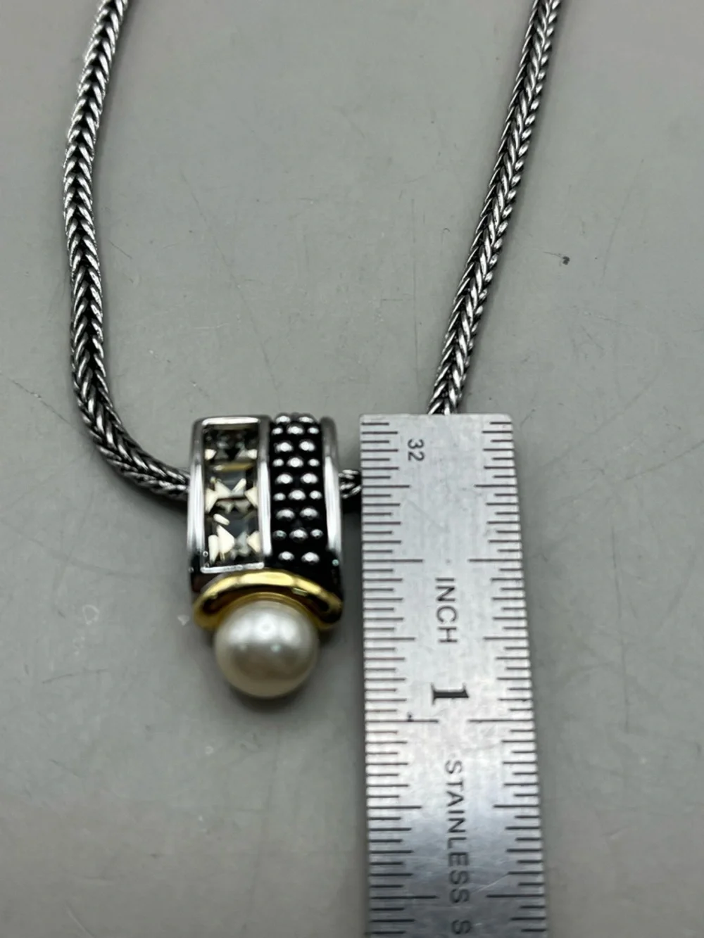 Elegant Silver and Gold Necklace with Pearl and Crystals Pendant -Luxe Stayement